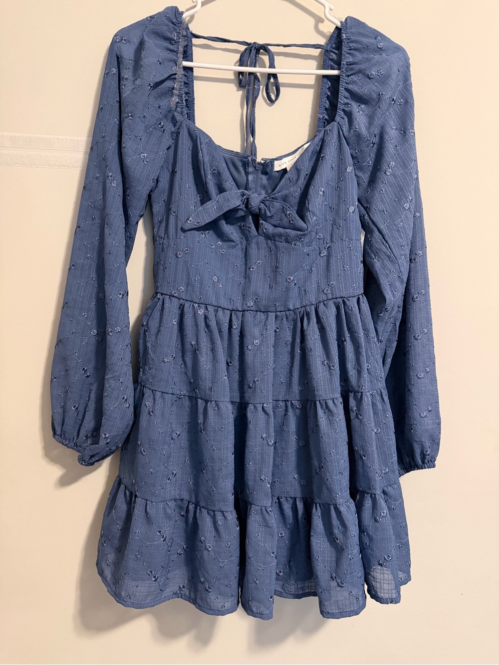 Altar'd State Blue Long Sleeve Tiered Mini Dress with Bow
